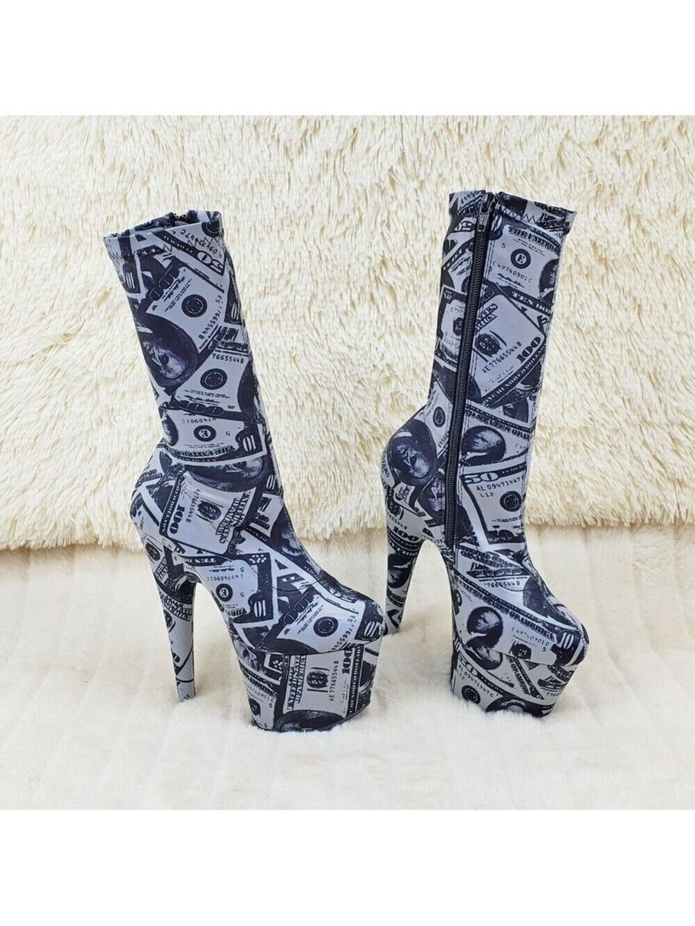 Dollar Money Print 7" High Heel Stretch Sock Platform Ankle Boots Adore 1002